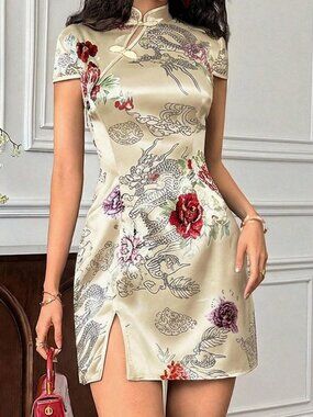 Apricot & Tan Elegant Women's Floral Print Mandarin Collar Mini Dress